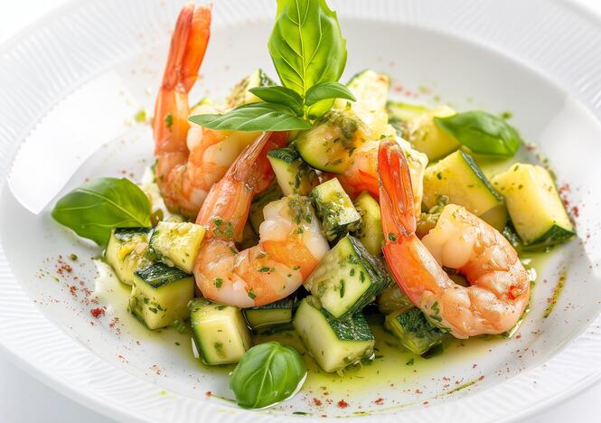 Tupperware Gambas und Zucchetti an Pesto 